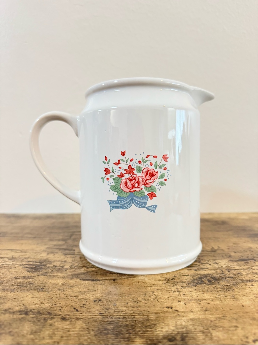 White Ceramic Floral Pitcher | Red Roses Blue Ribbon - Picture 5 of 12